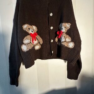 Black Teddy Bear Knit Cardigan with Red Bow Detail